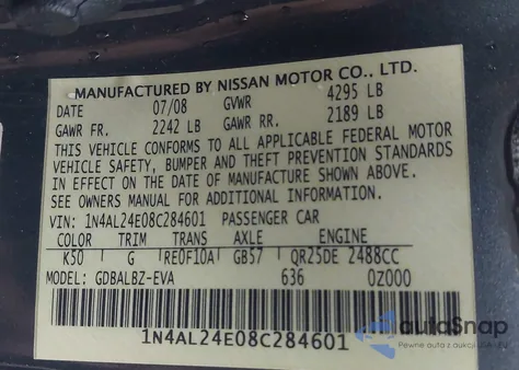 2008 Nissan Altima 2.5 S from USA, damaged, VIN 1N4AL24E08C284601